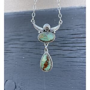 Southwestern Sterling Silver Turquoise 2 Stone Cluster Necklace 925 Brown Green